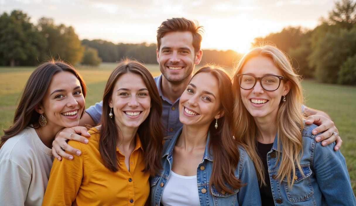 Diverse group of happy, healthy people smiling, radiating positive energy